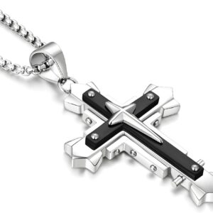 JUNOVUROS Stainless Steel Jesus Christ Cross Pendant Necklace for Men, 20 to 28 In Rolo/Byzantine Chain, 2 Sizes of Religious Jewelry with Silver/Gold/Black