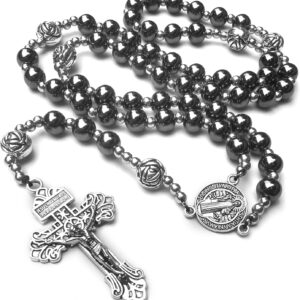 Hematite rosary beads catholic for men,Rosary Necklace for men and women with medal & cross,Rosary black stone beads with stainless steel beads and St.Benedict metal beads.