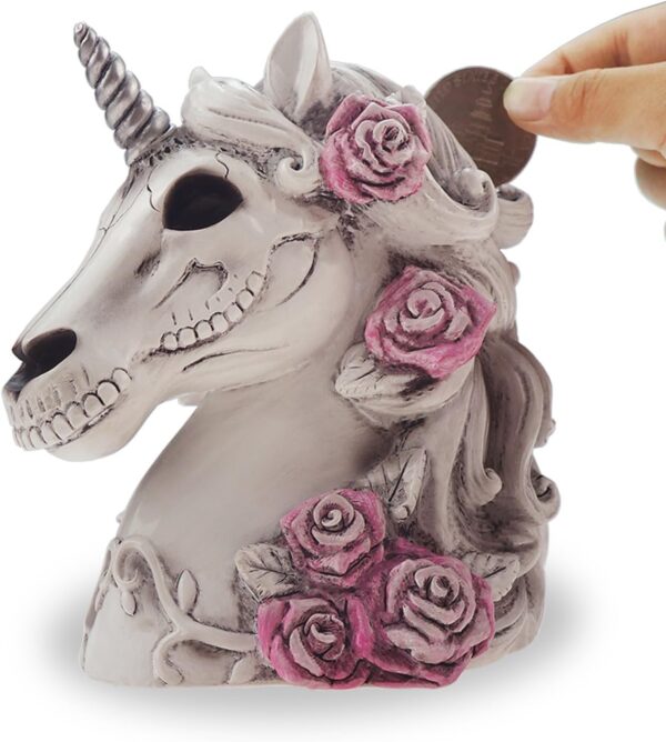 Gothic Unicorn Skull Piggy Bank- Sugar Skull Home Decor Unicorn Skeleton Statue Adult Gift Halloween Day of The Dead - Image 2