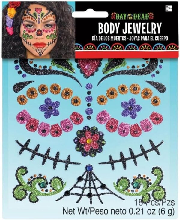Amscan Multicolor Day of The Dead Body Jewelry Stickers - 8" x 6.5" - Great Costume Accessories for Halloween Parties & Themed Events