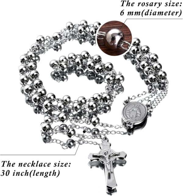 30" Stainless Steel Rosary Beads Necklace 6mm Silver Color with Jesus Christ Crucifix Cross - Image 2