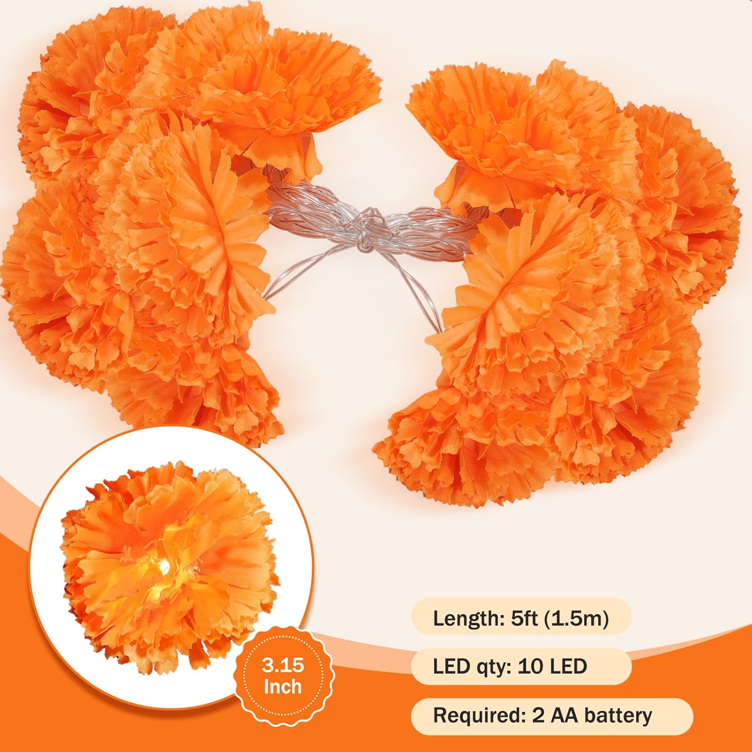 3 Pack Lighted Marigold Garland 10 LED Artificial Marigold Flowers String Lights Dia de Los Muertos Day of The Dead Decorations for Halloween Diwali Indian Party (3, 5 Ft 10 LED) - Image 3