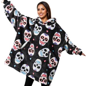 Sugar Skull Gifts for Women, Day of the Dead Gifts, Wearable Blanket Hoodies for Adults, Oversized Flannel Hooded Blanket, Gifts for Birthday, Christmas, and so on, One Size Fits All