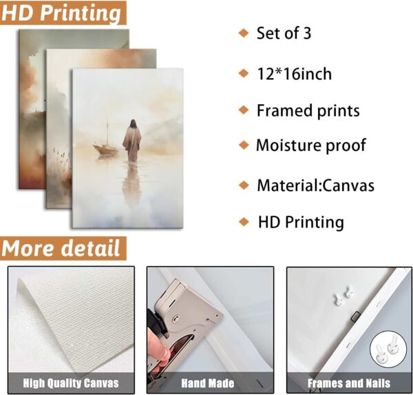 3 Pcs Framed Jesus Wall Art Jesus Walking on Water Canvas Wall Decor Jesus Leaves The 99 Sheep Pictures Prints Christian Posters for Living Room Bedroom Church Home Decorations Ready to Hang 12x16in - Image 4