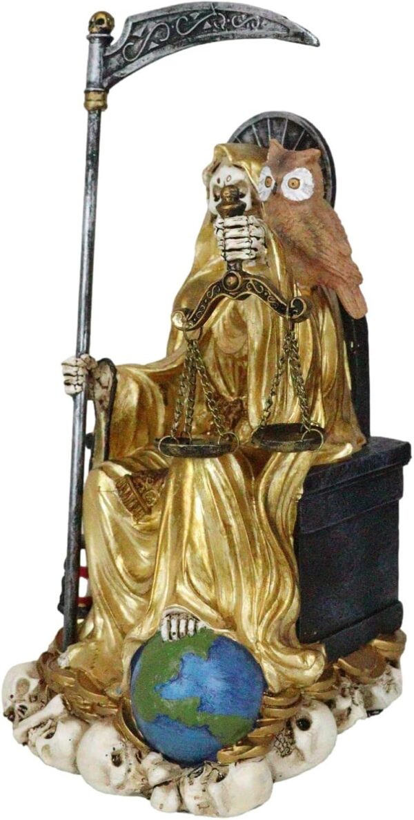 Ebros Gift Santa Muerte Holding Scythe Hourglass and Scales of Justice with Wise Owl Seated On Throne Figurine Holy Death Bone Mother Patron of Wealth Protection Purity Love Health (Gold) - Image 6
