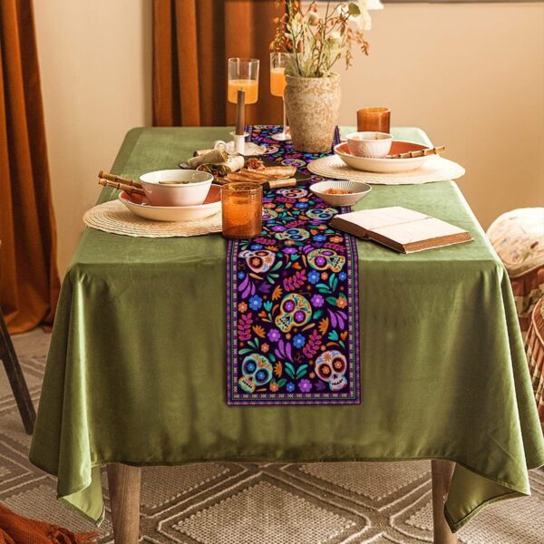 Dia De Los Muertos Table Runner Cinco de Mayo Rustic Linen Mexican Sugar Skull Day of The Dead Altar Decoration for Home Kitchen Dining Room (13" x 72") - Image 4