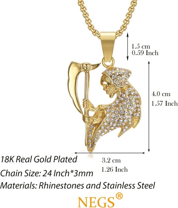 18K Gold Plated Skull Charm Holy Death Pendant Punk Rock Stainless Steel Necklace, 24 Inch 7mm Miami Cuban Chain Santa Muerte (Santisima Muerte) Jewelry Gift - Image 6