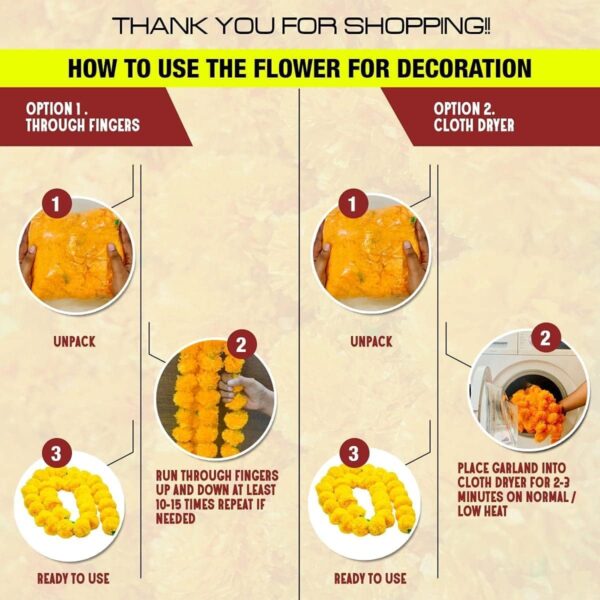 Artificial Marigold Garland for Decoration 5 feet Marigold Strands for Diwali Decoration Day of Dead Decorations Dia de Los Muertos Christmas Garlands - Image 3
