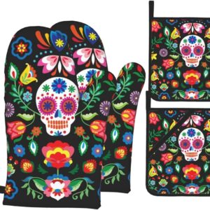 Mexican Skull Skeleton Floral Oven Mitts and Pot Holders Set of 4, Oven Mittens and Potholders Heat Resistant Gloves for Kitchen Cooking Baking Grilling BBQ