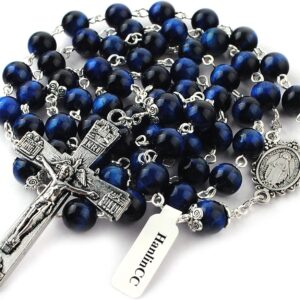 HanlinCC 8mm Natural Blue Tiger Eyes Gemstone Beads Miraculous 5 Dacade Rosary Necklace with Anti-Silver Catholic Crucifix Pack in Leather Gift Box
