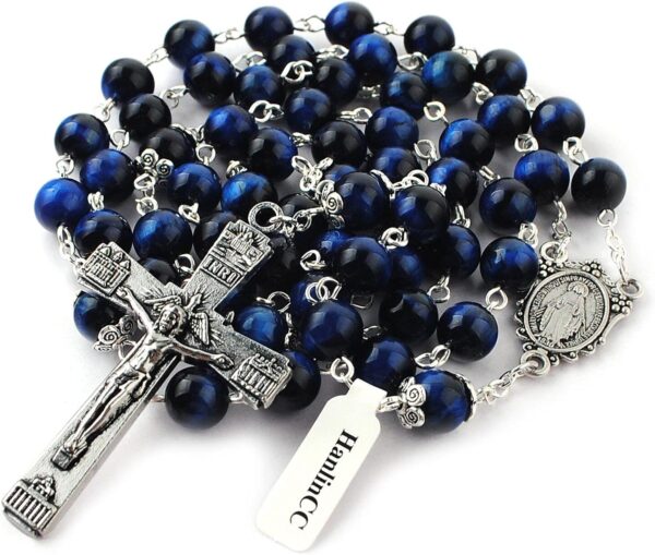 HanlinCC 8mm Natural Blue Tiger Eyes Gemstone Beads Miraculous 5 Dacade Rosary Necklace with Anti-Silver Catholic Crucifix Pack in Leather Gift Box