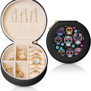 Sugar Skull Round Jewelry Box,Traveling Jewelry Box Storage For Women'S Necklace Earring Rings Accessories
