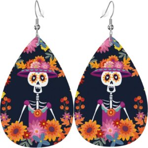Dia De Los Muertos Mexican Day Skull Faux Leather Teardrop Earrings for Women Drop Dangle Earrings Gift
