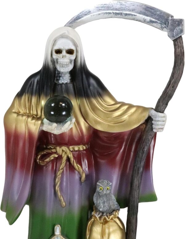 Ebros Gift Large 16.75" Tall Holy Death Santa Muerte Holding Scythe, Glass Globe with Scales of Justice and Owl in Tunic Robe Statue Day of The Dead Bone Mother Decorative Figurine (Rainbow Spectrum) - Image 6