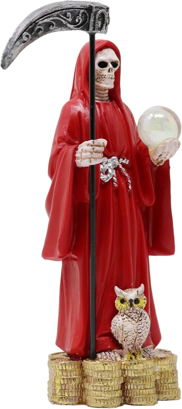 Mini Santa Muerte Base De Monedas Con Bola De Cristal Manto Rojo 5" Coin Base Holy Death Grim Reaper Skull Skeleton Red Robe - Image 3