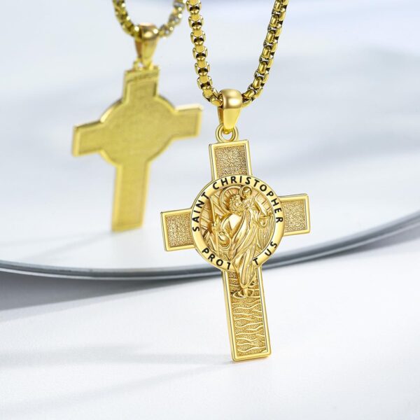 St Christopher Necklace 925 Sterling Silver Gold Saint Christopher Cross Pendant Necklaces St. Christopher Amulet Protection Cross Jewelry for Men - Image 2