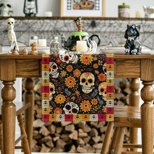 Artoid Mode Sugar Skull Yellow Daisy Day of The Dead Table Runner, Dia De Los Muertos Mexican Kitchen Dining Table Decoration for Home Party Decor 13x72 Inch - Image 2