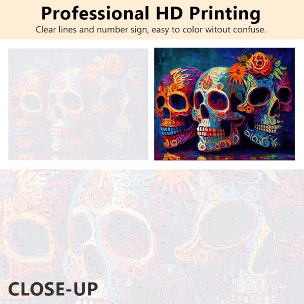 Paint by Numbers for Adults, Mexican Day of The Dead Skulls Artwork Paint by Number Kits Unframed Paint by Numbers for Adults Beginner Colorful Skull Art Wall Decor Acrylic Paints 16"x20" - Image 3