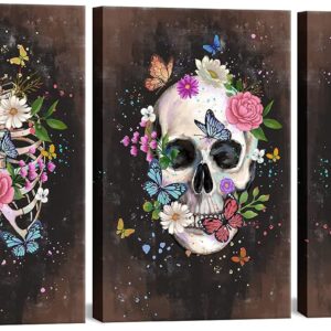 FuShvre Sugar Skull Wall Art Canvas Skeleton Painting Prints Gothic Halloween Mexican Day of the Dead Wall Decor Ready to Hang
