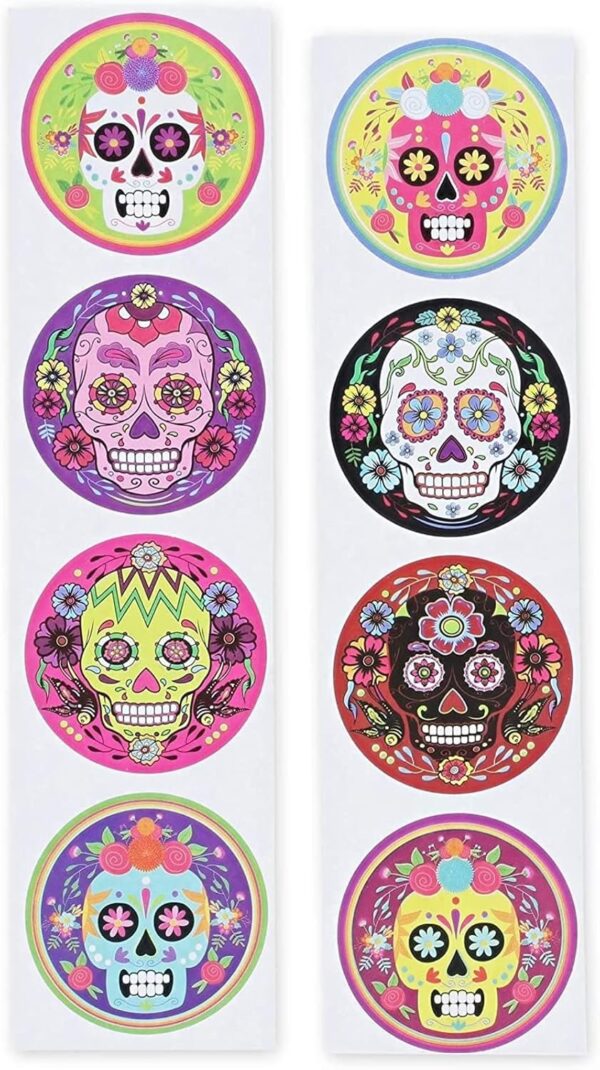 Juvale 1000 Pcs Dia de Los Muertos Skull Sticker Roll, 8 Vibrant Calavera Designs, 1.5 in, Dia de Muertos Stickers for Halloween Candy Bags, Party Favors, Decorations, Day of The Dead Decor - Image 5
