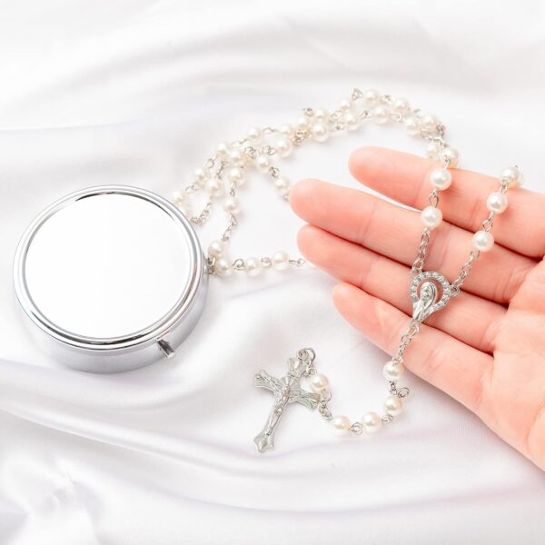 Rosary Beads Catholic - Confirmation Gifts for Teenage Girl, Silver Simple Style Metal Gift Box, White Artificial Pearls Rosary, Gifts for Women - Image 3