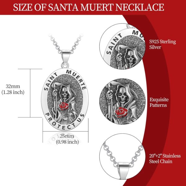 Santa Muerte Necklace Sterling Silver Grim Reaper Skull Necklace Death Santa Muerte Pendant Day of the Dead Protect Amulet Jewelry for Women Men - Image 2