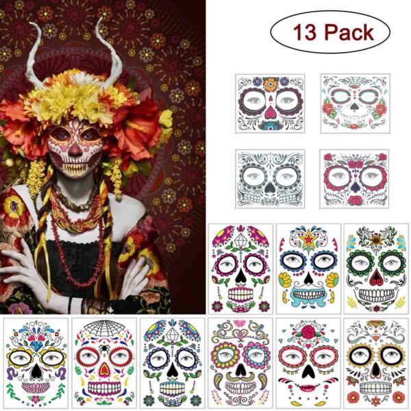 COKOHAPPY Halloween Temporary Face Tattoos Makeup Kit (13 Pack), Day of the Dead Sugar Skull Floral Black Skeleton Web Red Roses Full Face Mask Stickers Tattoo Families Party Supplies - Image 2
