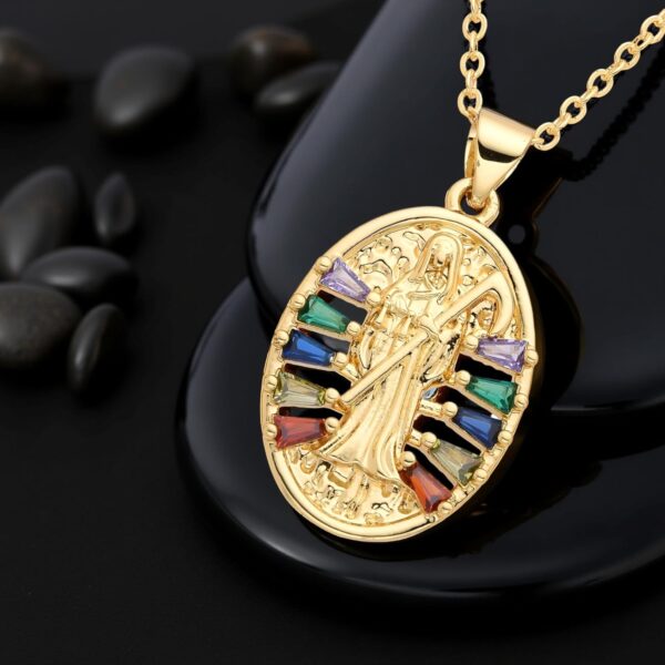 Mai & Claire 14K Gold Filled Santa Muerte Necklace For Men And Women - La Santa Muerte Pendant Chain Cubic Zirconia Holy Death Religious Catholic Jewelry Gift, Memento Mori Necklace - Image 5