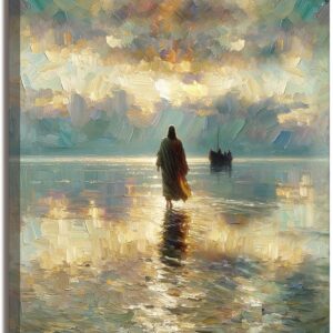 Framed Jesus Pictures for Wall God Canvas Wall Art Jesus Walking on Water Paintings print for Living Room Christian Art Decor Religious Posters Ready to Hang 12x16Inches