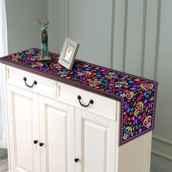 Dia De Los Muertos Table Runner Cinco de Mayo Rustic Linen Mexican Sugar Skull Day of The Dead Altar Decoration for Home Kitchen Dining Room (13" x 72") - Image 3