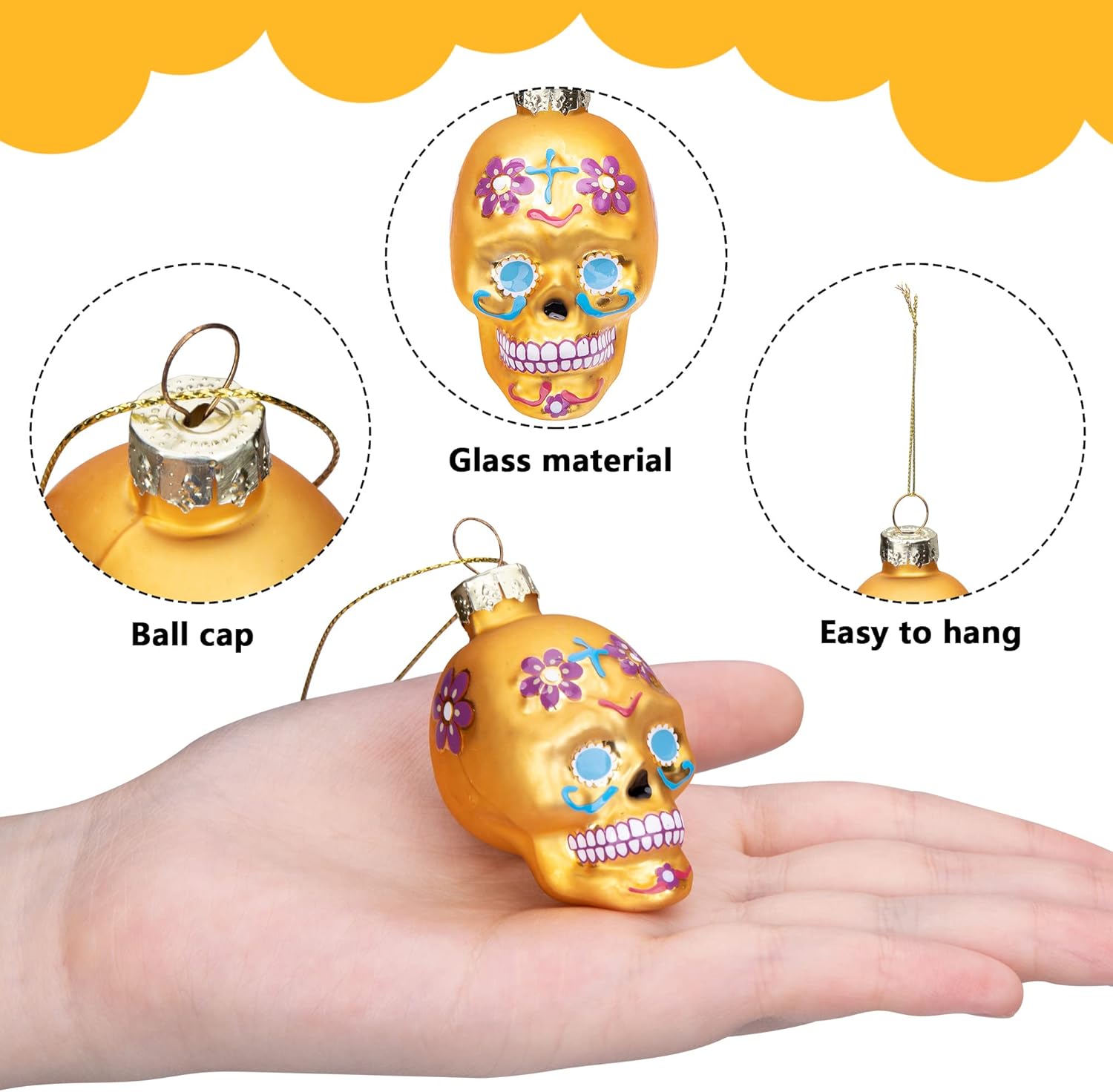 Watayo 12 PCS Day of The Dead Glass Ornaments-Dia De Los Muertos Sugar Skull Ornaments-Halloween Hanging Skeleton Head Decorations for Party Xmas Tree Decoration - Image 3