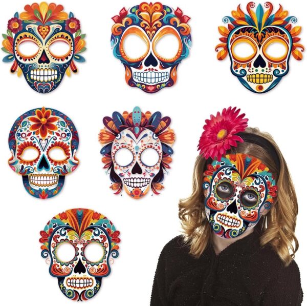 6PCS Day of the Dead Paper Mask Dia de los Muertos Mask for Día de los Muertos Photo Props Party Costume Accessories