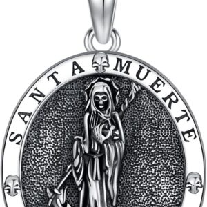 925 Sterling Silver Womens Amulet Necklace Santa Muerte/Triple Moon Goddess/Witch Knot/Skull Cowboy Pendant for Women Men Christmas Jewelry Gift