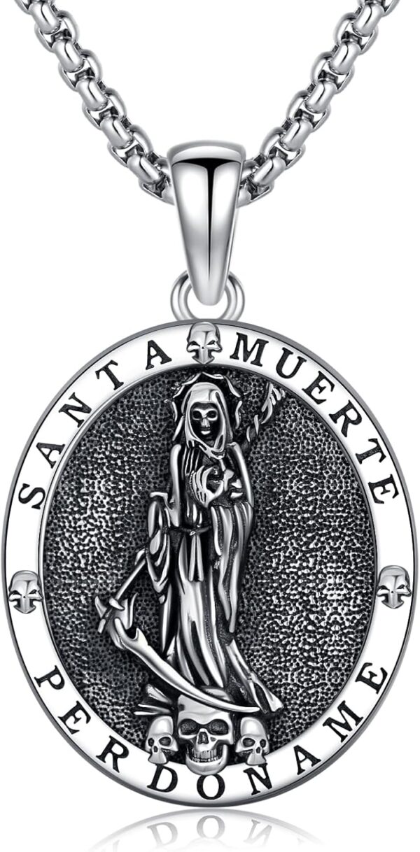 925 Sterling Silver Womens Amulet Necklace Santa Muerte/Triple Moon Goddess/Witch Knot/Skull Cowboy Pendant for Women Men Christmas Jewelry Gift