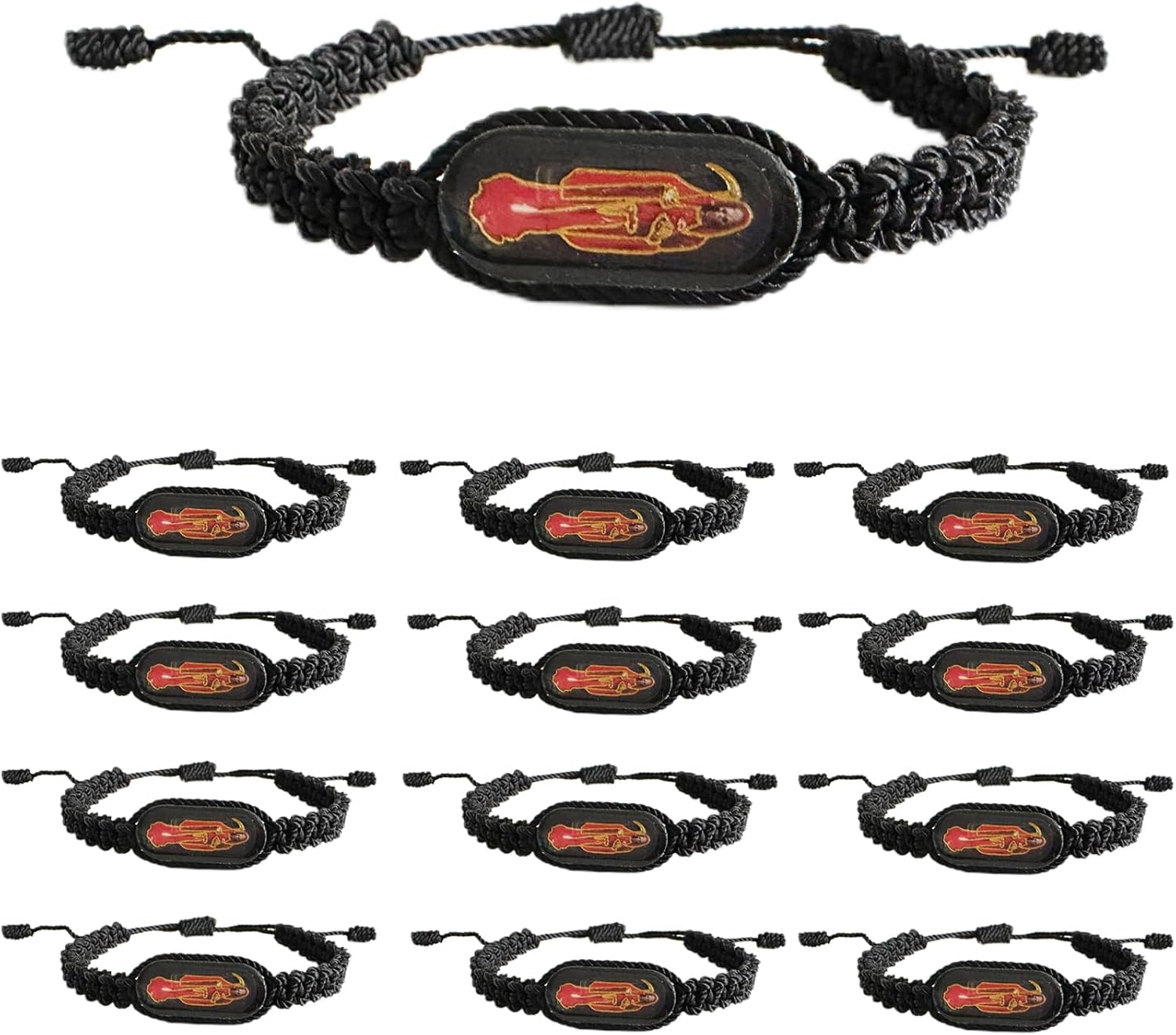 12 PCS Black Santa Muerte Bracelets, Handmade Red Thread Holy Death's Bracelet,Rosario de la santa muerte Prayer Gift For Men and Women