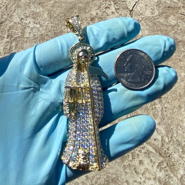 Bling Cartel Big La Santa Muerte Hip Hop Pendant Iced Charm Flooded Out 14K Gold Finish Large 3.5inches Inch - Image 5