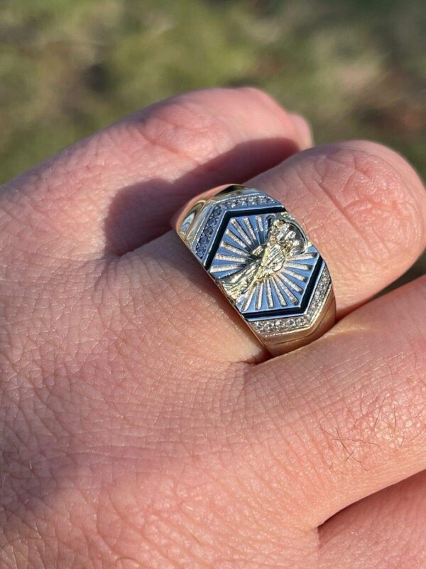 HarlemBling Real Solid 925 Sterling Silver - Grim Reaper Santa Muerte Men's Ring - 14k Yellow Gold Finish - Diamond Cut Icy Ring For Men - Sizes 6-13 - Image 5