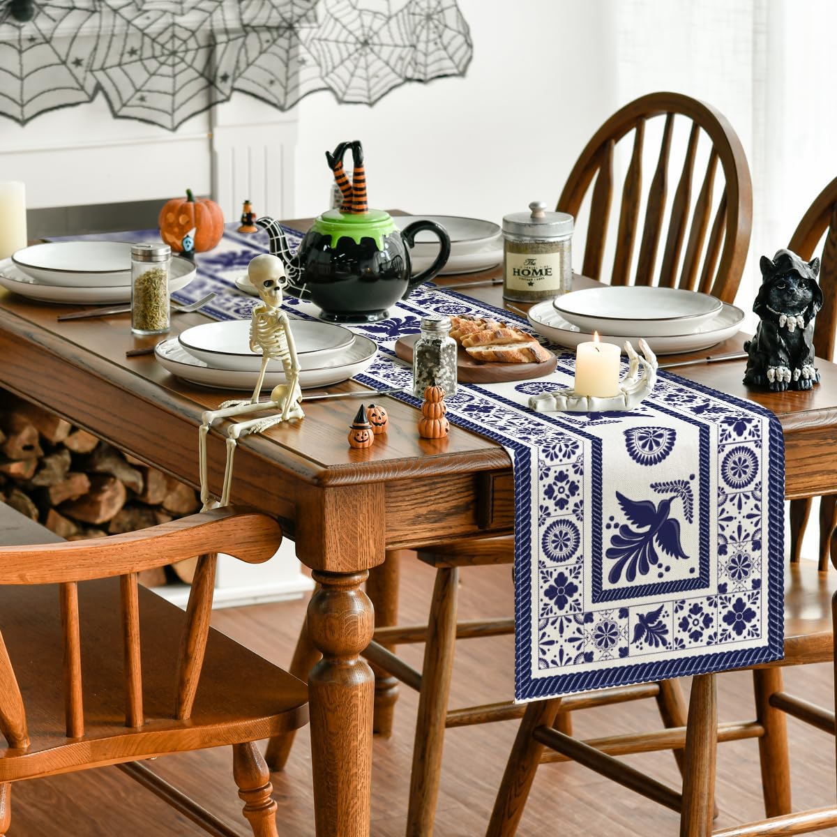 Artoid Mode Floral Bird Dia De Los Muertos Mexican Table Runner, Blue Patchwork Tiles Kitchen Dining Table Decoration for Home Party Decor 13x72 Inch - Image 3