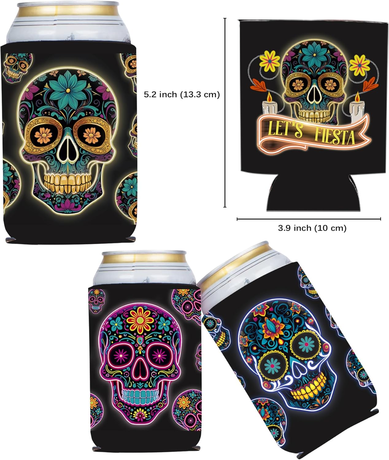 Black Mexican Fiesta Skull Face Can Sleeve Holder 12PCS, Dia De Muertos Death of the Day Beverage Drink Bottle Cooler Cover, Cinco de Mayo Birthday Bridal Shower Bachelorette Gift Decorations - Image 3