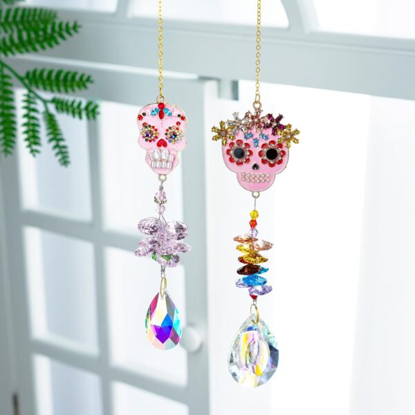 Skull-Shaped Colorful Rhinestones Pendant, Crystal Beads Chain with Glass Chandelier Suncatcher Drops Prisms Hang Ornament, Pack of 2 - Image 2