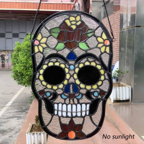 Bieye W10105 Sugar Skull Tiffany Style Stained Glass Window Panel for Home Decor, 8" W x 13" H - Image 3