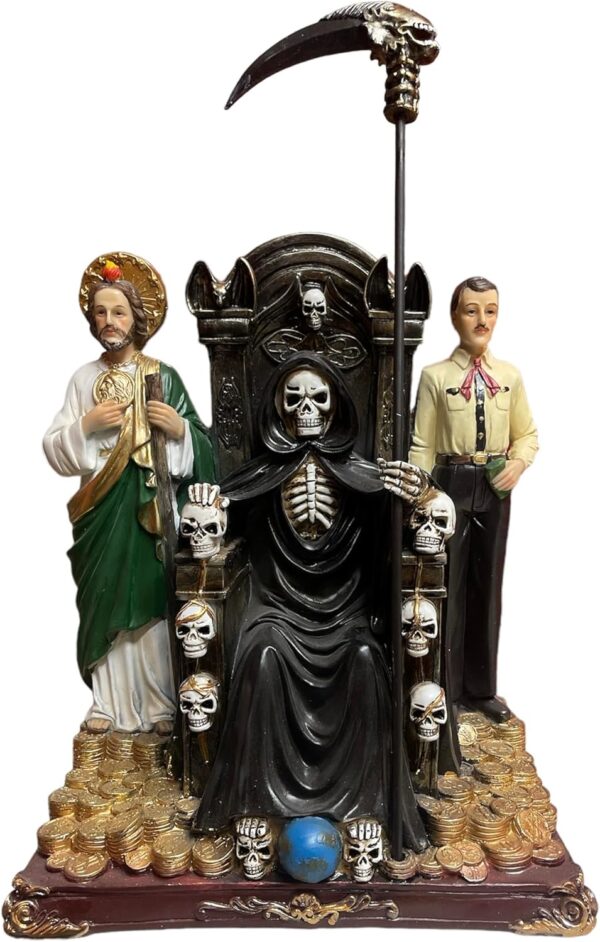 Statues Santa Muerte with Jesus Malverde & St. Jude Large 13.5"" Tall | Holy Death Saints | Hispanic with Scythe 17.5"" Catholic Home Decoration | Angel of The Poor | Saint Death, Black
