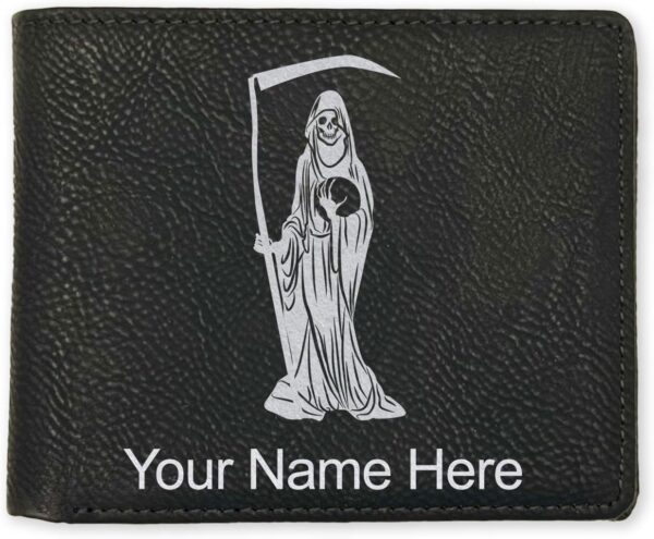 LaserGram Faux Leather Bi-Fold Wallet, Santa Muerte, Personalized Engraving Included (Black with Silver)
