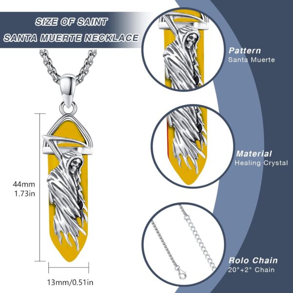 Black Obsidian Santa Muerte Necklace 925 Sterling Silver Grim Reaper Pendant Healing Crystal Point Skull Holy Death Necklace Amulet Protection Jewelry for Men Women - Image 2