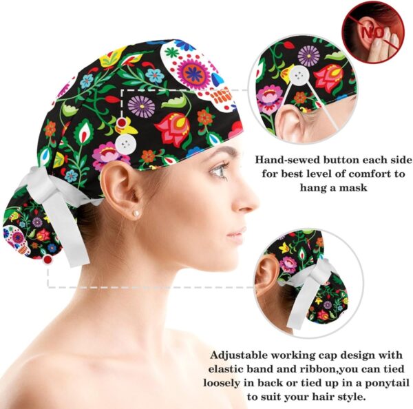 Adjustable Winter Blue Snowflake Surgical Scrub Cap with Button, Ponytail Pouch, Sweatband for Women with Bow Hair Scrunchy - Image 3