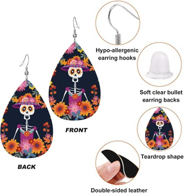 Dia De Los Muertos Mexican Day Skull Faux Leather Teardrop Earrings for Women Drop Dangle Earrings Gift - Image 3