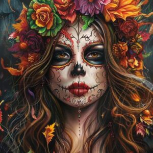 Day of the Dead Skull Flowers Oil Painting Paint by Number Kits 16 x 20 inch Canvas Painting Halloween Woman Portrait DIY Oil Painting for Adults Beginner with Brushes Acrylic Pigment(without Frame)