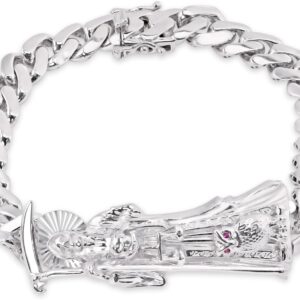 Rhodium Plated 925 Sterling Silver Santa Muerte Death Angel 14mm Cuban Bracelet