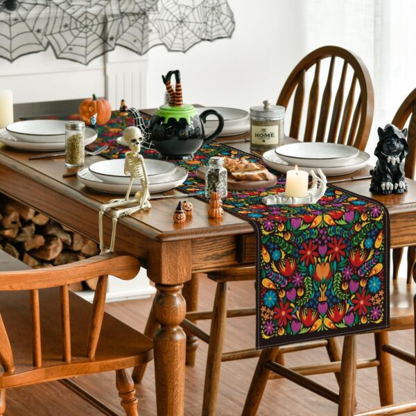 Artoid Mode Dia De Los Muertos Floral Fiesta Mexican Table Runner, Mexico Day of The Dead Kitchen Dining Table Decoration for Home Party Decor 13x72 Inch - Image 3