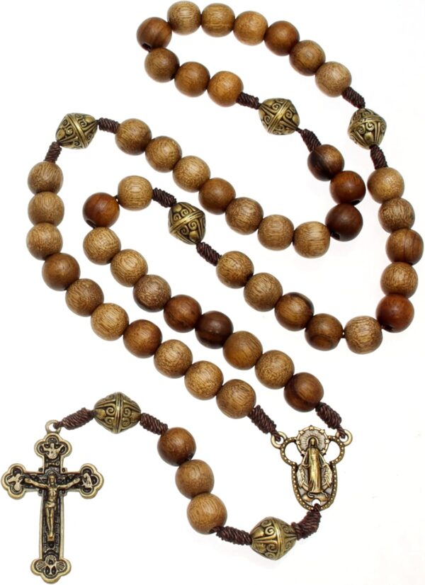 Alexander Castle Our Father Solid Wooden Rosary Beads (Handmade - Brazilian Walnut) with Miraculous Medal Junction - Comes in Velour Gift Pouch